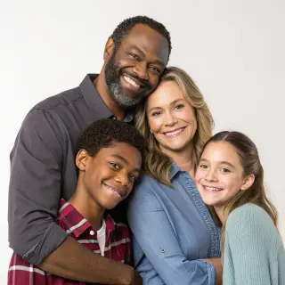 A family photo with four people: a father beaming with pride