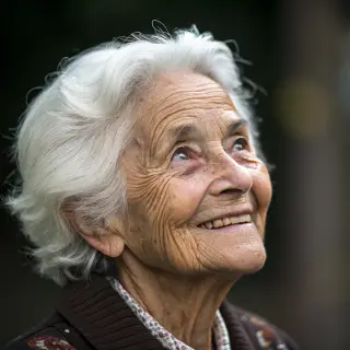 An elderly woman in her 80s with deep wrinkles and white hai