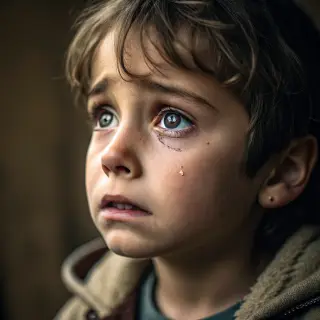 A 5-year-old child with round cheeks and large eyes, crying 