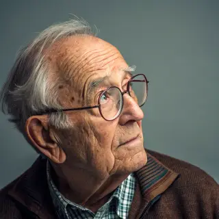 An elderly man in his 70s with age spots and thinning gray h