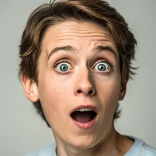 A portrait capturing genuine surprise — raised eyebrows, wid