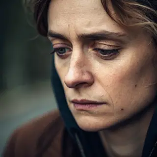 A face showing quiet melancholy — downcast eyes, slightly dr