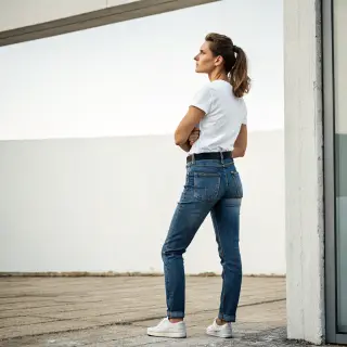 A woman standing upright in a relaxed pose, arms at her side