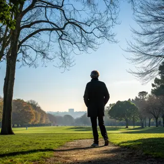 A person standing in a neutral pose in a park, full body vis