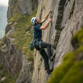 A rock climber clinging to a cliff face with arms and legs e