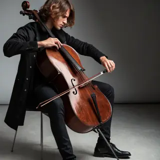 A cellist seated with correct posture, legs around the instr