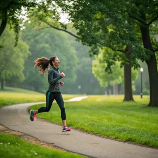 A woman mid-stride running through a park, hair and clothes 