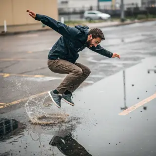 A man captured mid-jump over a puddle, body in the air with 