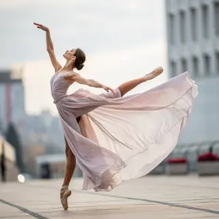 A dancer in a dynamic spin, dress flowing outward with one l