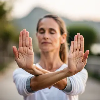 A woman holding her hands out in front of her palms-up, all 