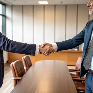Two people shaking hands in a professional setting, all fing