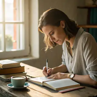 A woman writing in a notebook with a pen gripped correctly i