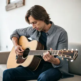 A person playing an acoustic guitar with left hand on the fr