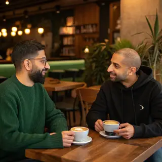 Two men at a cafe: one with a beard and glasses wearing a gr