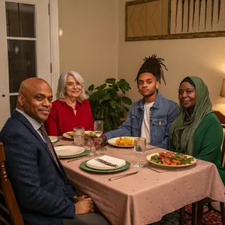 Four people at a dinner table: a bald man in a suit, a woman