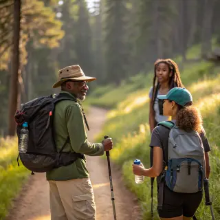 Three hikers on a trail: a man with a backpack and sunhat, a