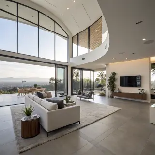 A wide-angle shot of a modern living room interior showing e