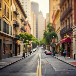 A tilt-shift photograph of a city street making real-life lo