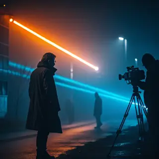 A cinematic frame with blue and orange anamorphic lens flare