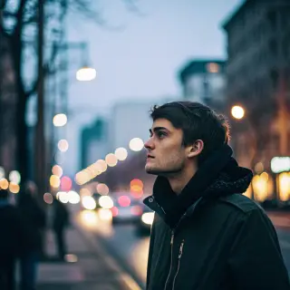 A street photograph with shallow depth of field as if shot a