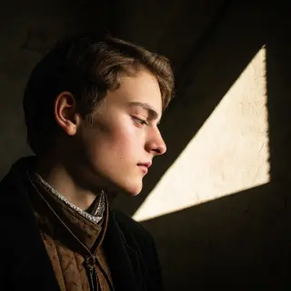 A portrait lit with classic Rembrandt lighting — triangle of