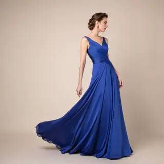 A woman wearing a royal blue evening dress against a neutral