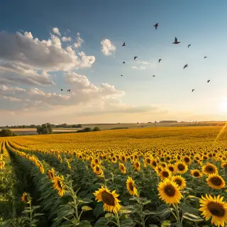 A field of pure sunflower yellow flowers under a clear blue 