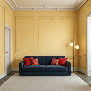 A minimalist room with walls in #F5E6CC (warm cream), a sofa