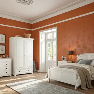 A bedroom wall painted in #FF6B35 (burnt orange) with white 