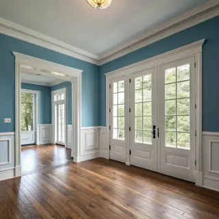 A room with walls in #4A90D9 (medium blue) with warm wooden 