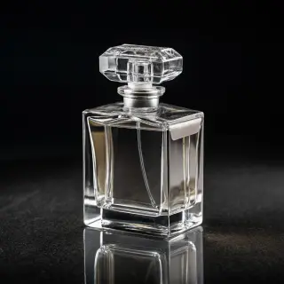 A clear glass perfume bottle on a reflective black surface w
