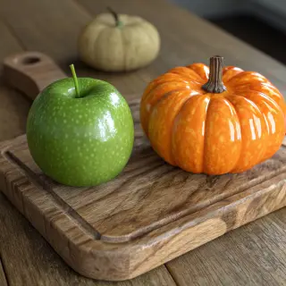A green apple and an orange pumpkin on a wooden cutting boar