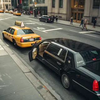 A yellow taxi and a black limousine parked next to each othe