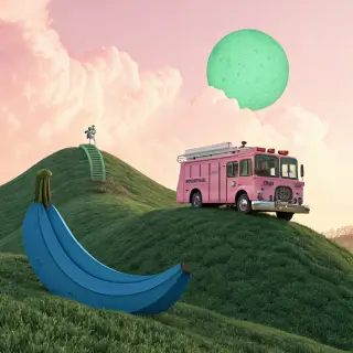 A pink fire truck, a blue banana, and a green sun in a surre