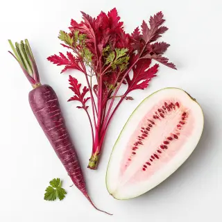 A purple carrot, a red tree with red leaves, and a white wat