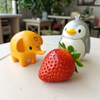 An orange elephant, a yellow penguin, and a silver strawberr