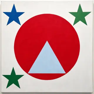 A large red circle, a small blue triangle, and a medium gree