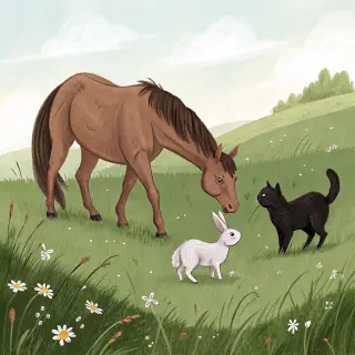 A big brown horse, a small white rabbit, and a medium-sized 