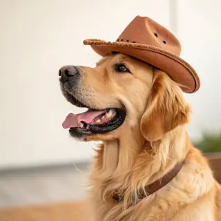 A golden retriever wearing a tiny cowboy hat