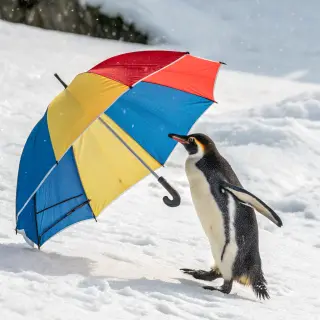 A penguin holding a colorful umbrella