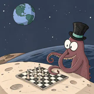 An octopus wearing a top hat and monocle playing chess on th