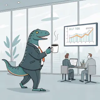 A dinosaur in a business suit giving a PowerPoint presentati