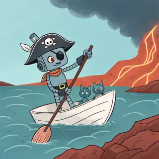 A robot dressed as a pirate sailing a paper boat on a lake o