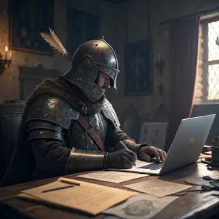 A medieval knight in full armor sitting at a desk typing on 