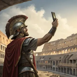 A Roman gladiator taking a selfie with a smartphone in the C