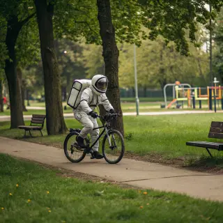 An astronaut in a spacesuit riding a bicycle through a park