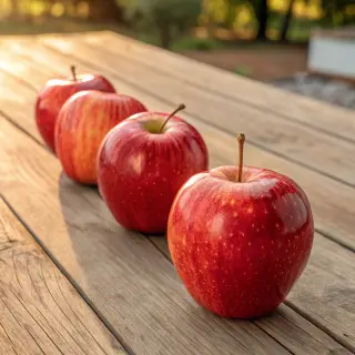 Exactly 3 red apples arranged on a wooden table