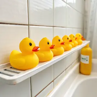 Exactly 5 yellow rubber ducks sitting in a row on a bathroom