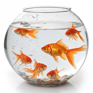 Exactly 9 goldfish swimming in a large round fishbowl