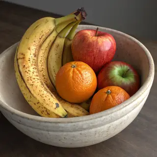 A fruit bowl containing exactly 3 bananas, 4 oranges, and 2 